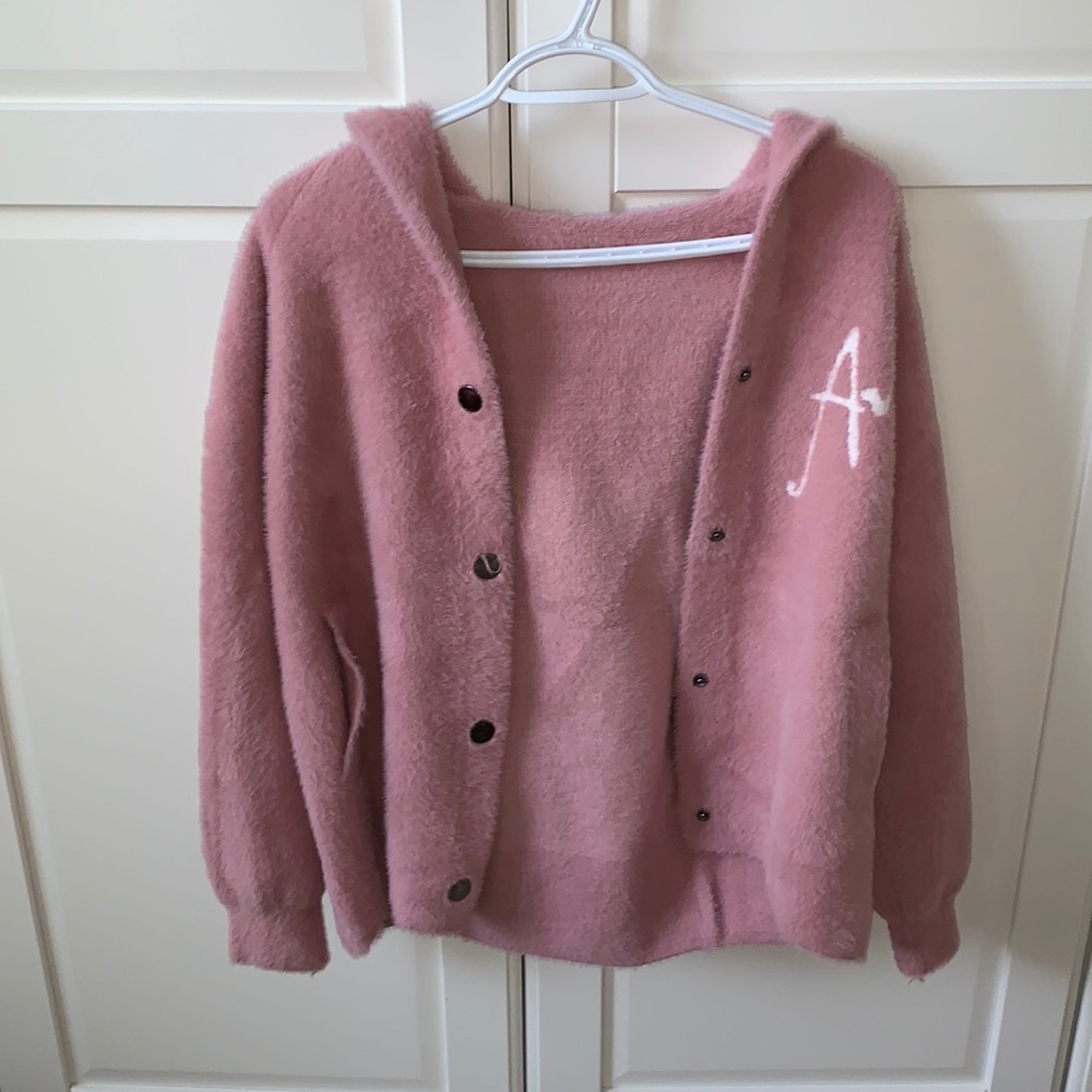 Fuzzy hooded pink sweater
